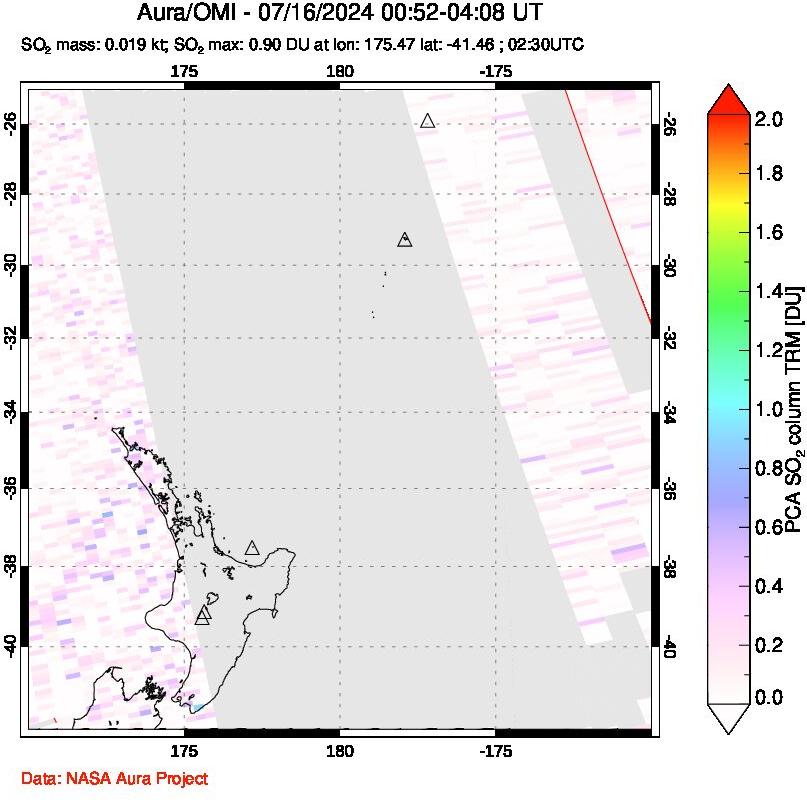 A sulfur dioxide image over New Zealand on Jul 16, 2024.