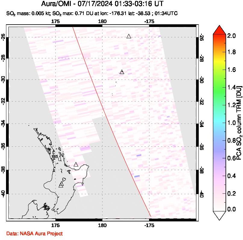 A sulfur dioxide image over New Zealand on Jul 17, 2024.