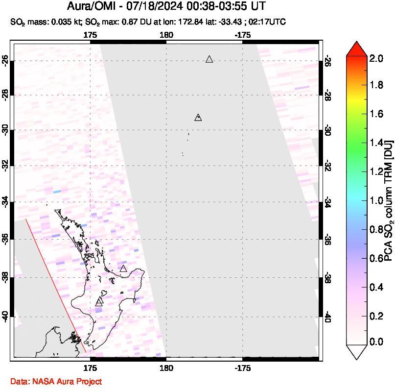 A sulfur dioxide image over New Zealand on Jul 18, 2024.