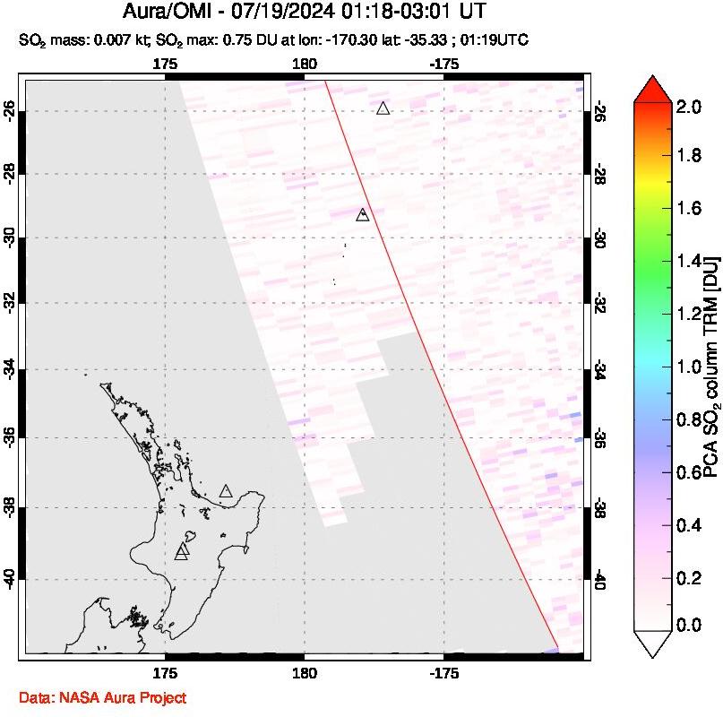 A sulfur dioxide image over New Zealand on Jul 19, 2024.