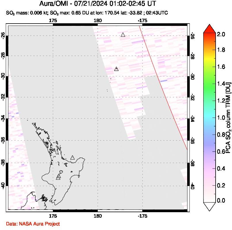 A sulfur dioxide image over New Zealand on Jul 21, 2024.