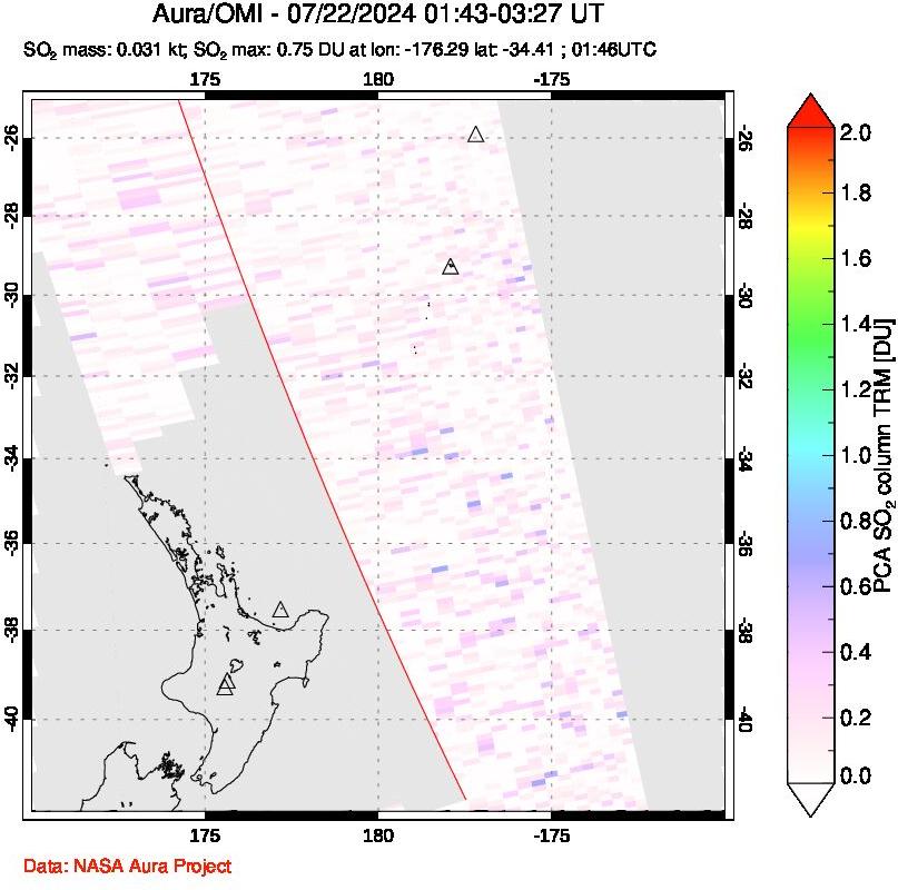 A sulfur dioxide image over New Zealand on Jul 22, 2024.