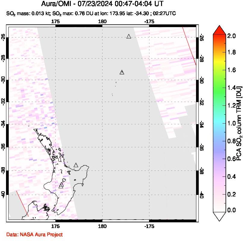 A sulfur dioxide image over New Zealand on Jul 23, 2024.