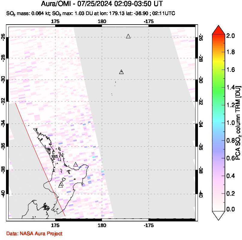 A sulfur dioxide image over New Zealand on Jul 25, 2024.