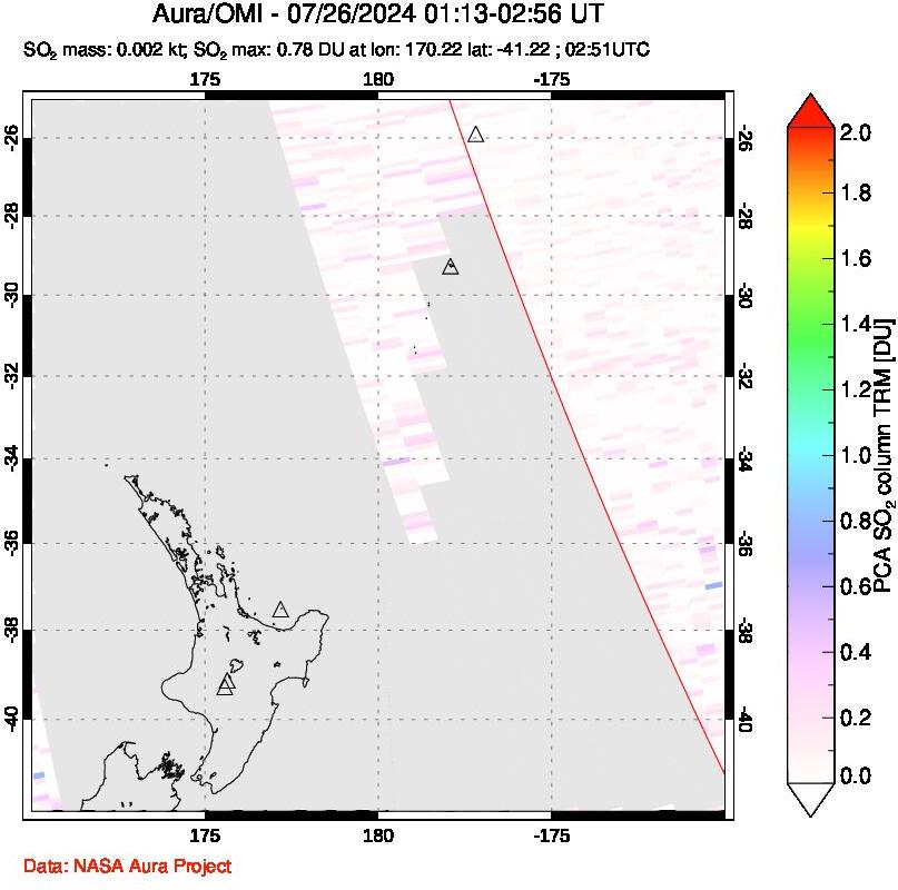 A sulfur dioxide image over New Zealand on Jul 26, 2024.