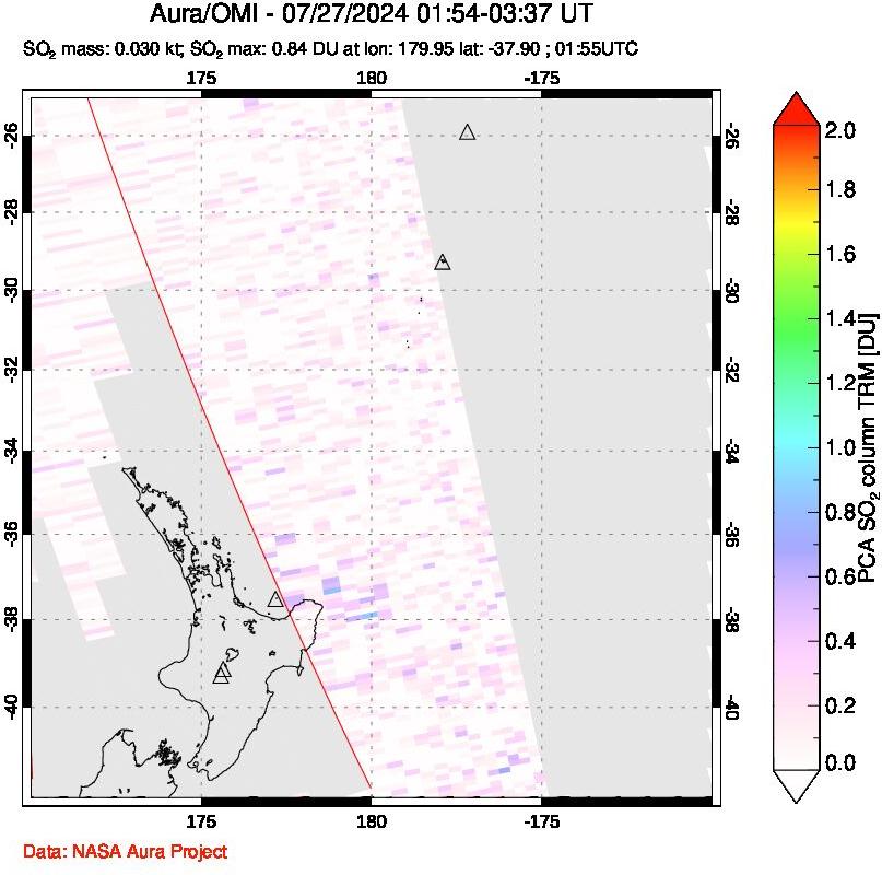 A sulfur dioxide image over New Zealand on Jul 27, 2024.