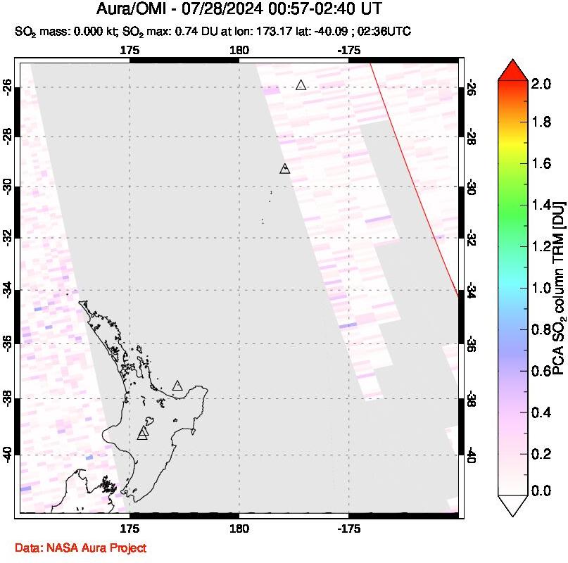 A sulfur dioxide image over New Zealand on Jul 28, 2024.