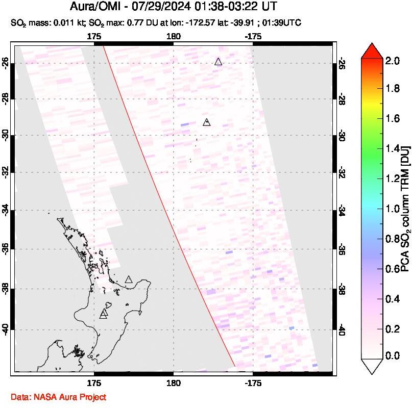 A sulfur dioxide image over New Zealand on Jul 29, 2024.