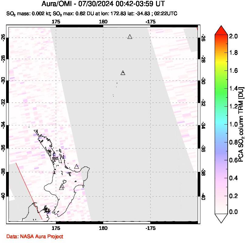 A sulfur dioxide image over New Zealand on Jul 30, 2024.