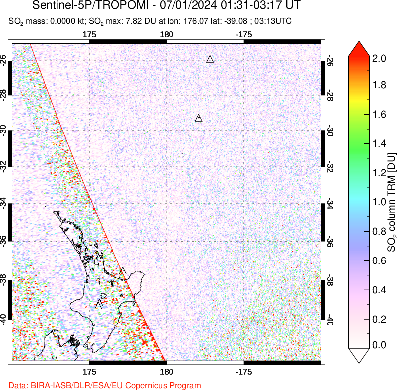 A sulfur dioxide image over New Zealand on Jul 01, 2024.