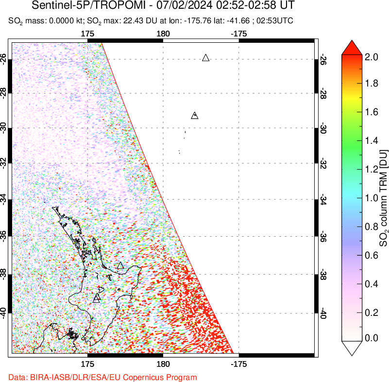 A sulfur dioxide image over New Zealand on Jul 02, 2024.