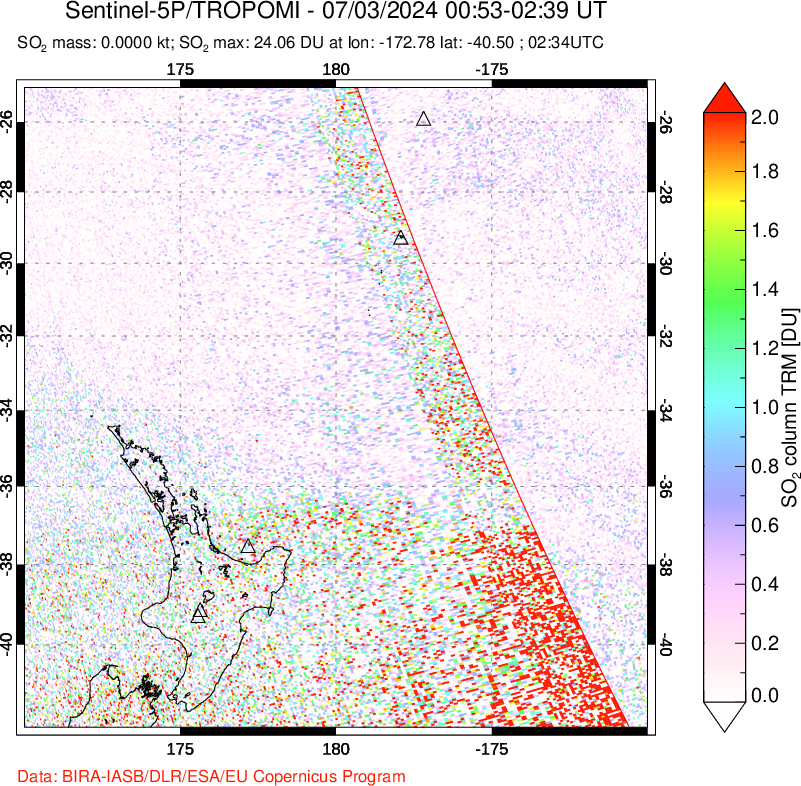 A sulfur dioxide image over New Zealand on Jul 03, 2024.