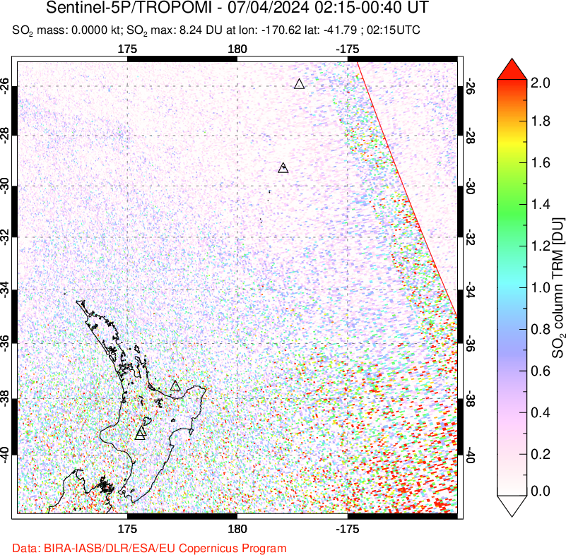 A sulfur dioxide image over New Zealand on Jul 04, 2024.