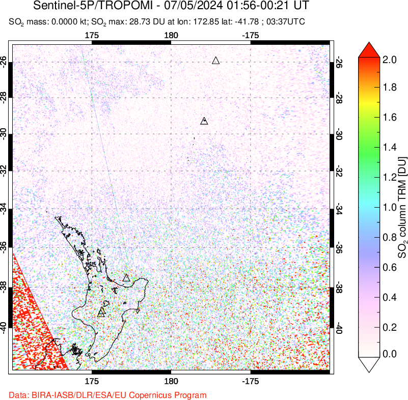 A sulfur dioxide image over New Zealand on Jul 05, 2024.