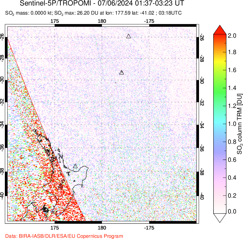 A sulfur dioxide image over New Zealand on Jul 06, 2024.