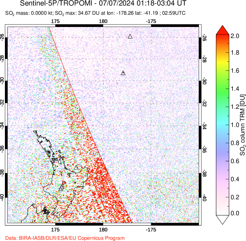 A sulfur dioxide image over New Zealand on Jul 07, 2024.