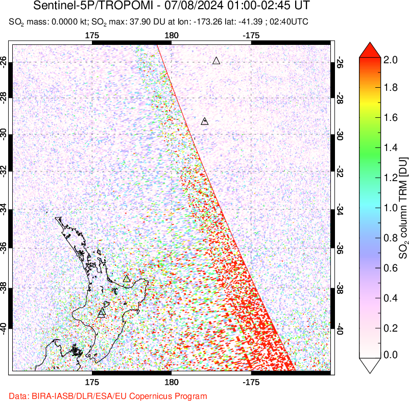 A sulfur dioxide image over New Zealand on Jul 08, 2024.