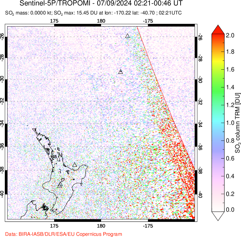 A sulfur dioxide image over New Zealand on Jul 09, 2024.