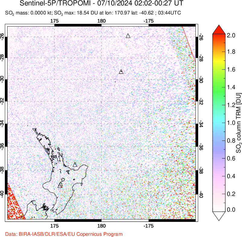 A sulfur dioxide image over New Zealand on Jul 10, 2024.