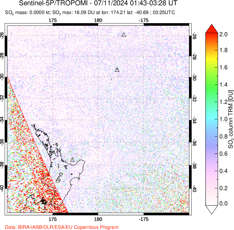 A sulfur dioxide image over New Zealand on Jul 11, 2024.