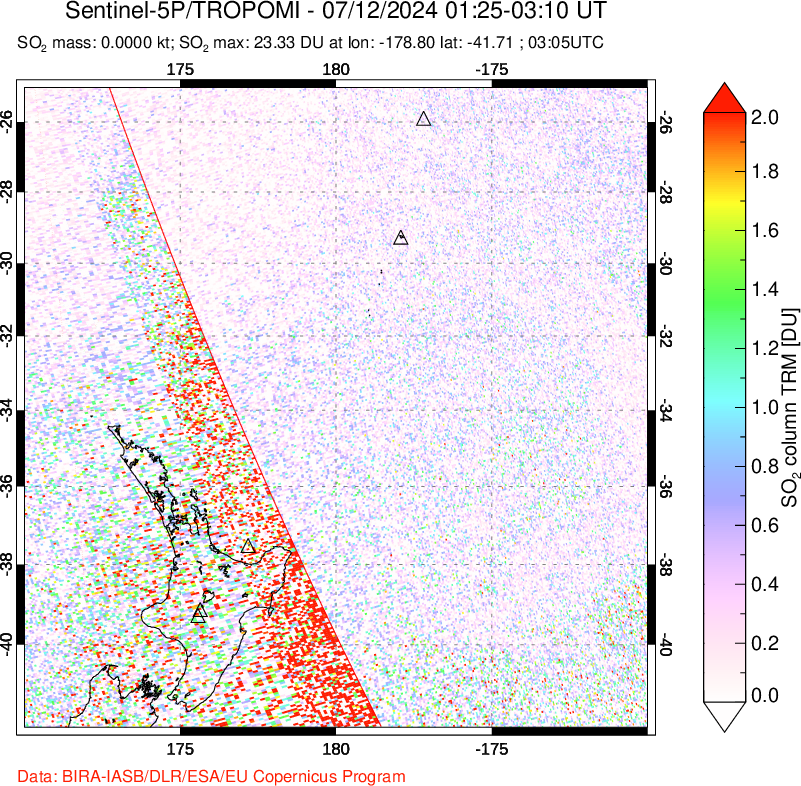 A sulfur dioxide image over New Zealand on Jul 12, 2024.