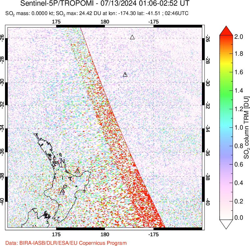 A sulfur dioxide image over New Zealand on Jul 13, 2024.