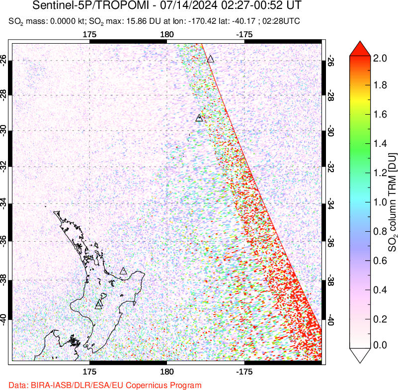 A sulfur dioxide image over New Zealand on Jul 14, 2024.