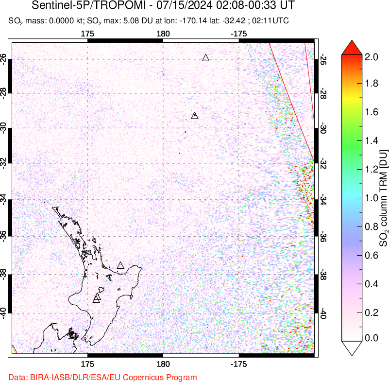 A sulfur dioxide image over New Zealand on Jul 15, 2024.