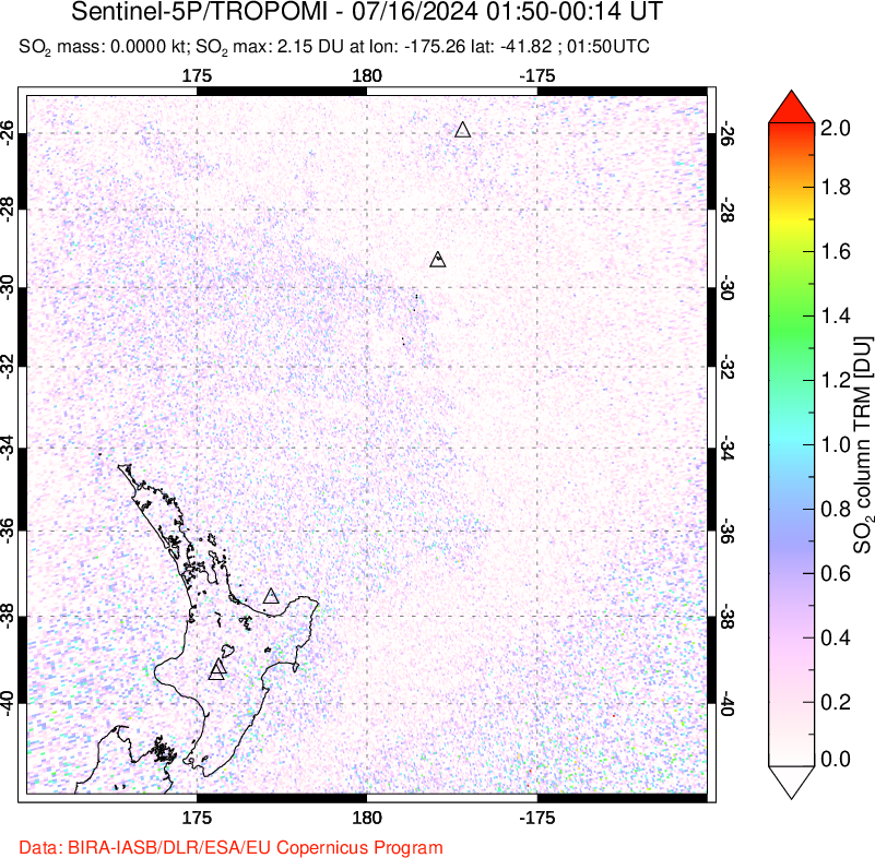 A sulfur dioxide image over New Zealand on Jul 16, 2024.