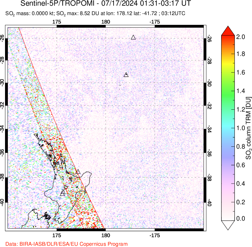 A sulfur dioxide image over New Zealand on Jul 17, 2024.