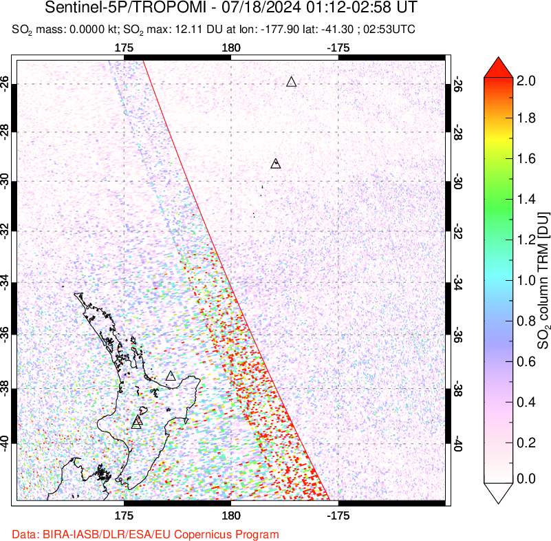 A sulfur dioxide image over New Zealand on Jul 18, 2024.