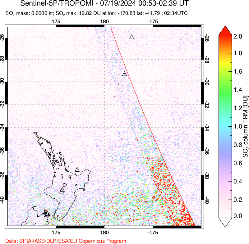 A sulfur dioxide image over New Zealand on Jul 19, 2024.