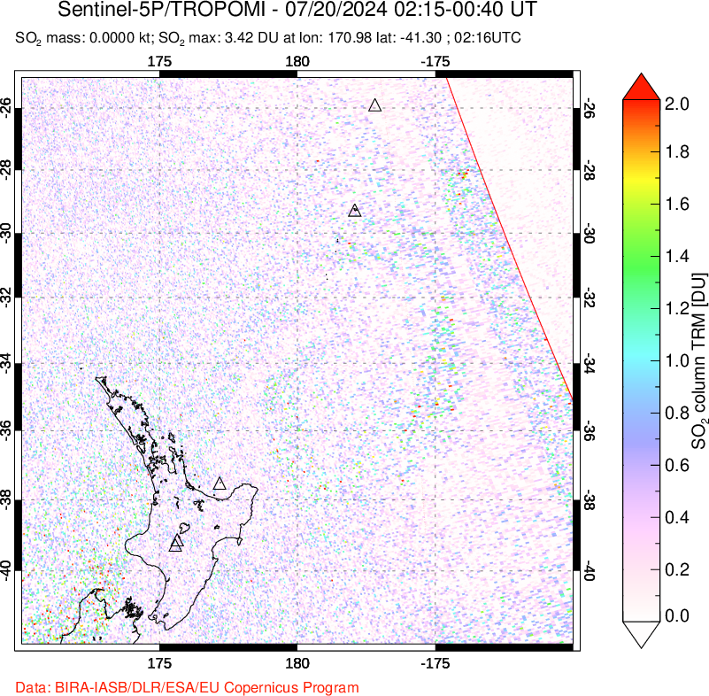 A sulfur dioxide image over New Zealand on Jul 20, 2024.