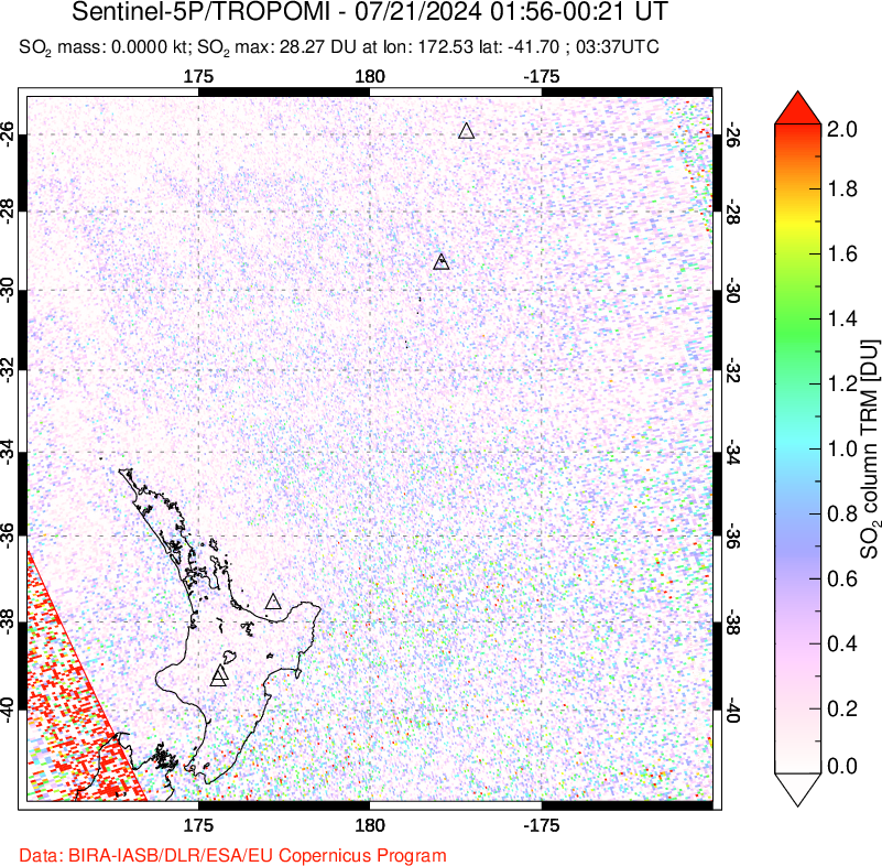 A sulfur dioxide image over New Zealand on Jul 21, 2024.