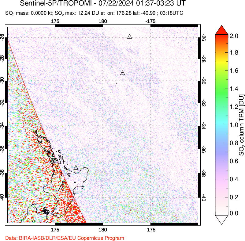 A sulfur dioxide image over New Zealand on Jul 22, 2024.