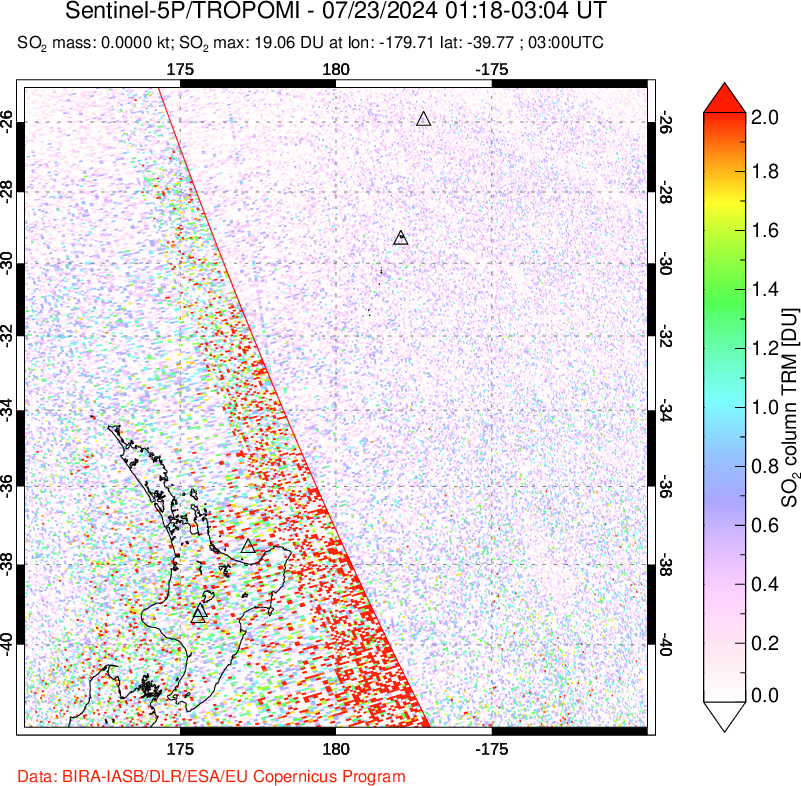 A sulfur dioxide image over New Zealand on Jul 23, 2024.