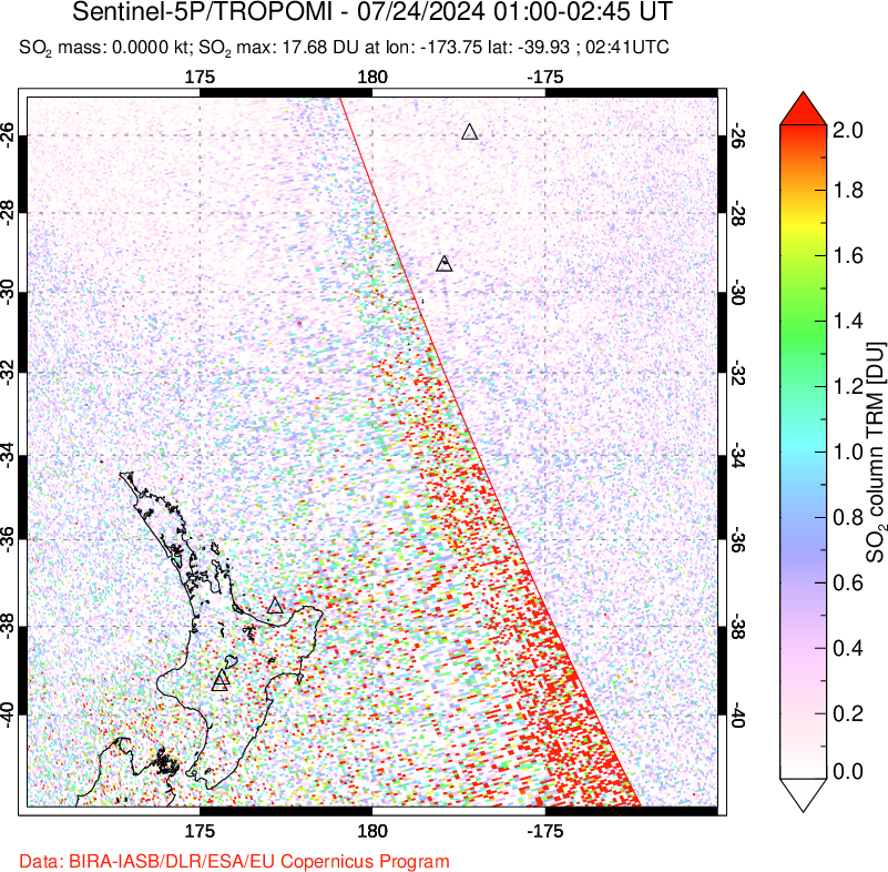 A sulfur dioxide image over New Zealand on Jul 24, 2024.