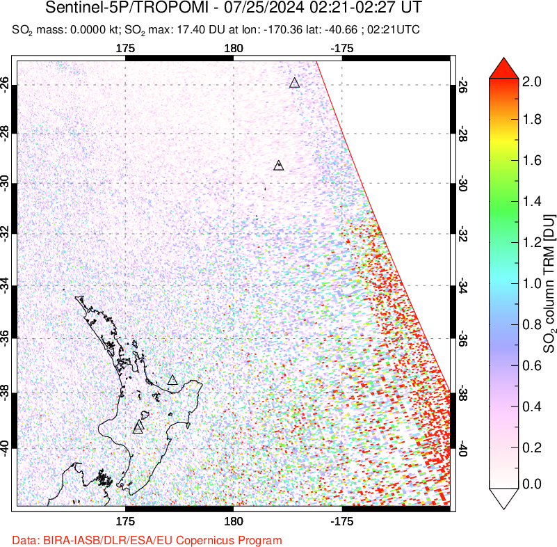 A sulfur dioxide image over New Zealand on Jul 25, 2024.