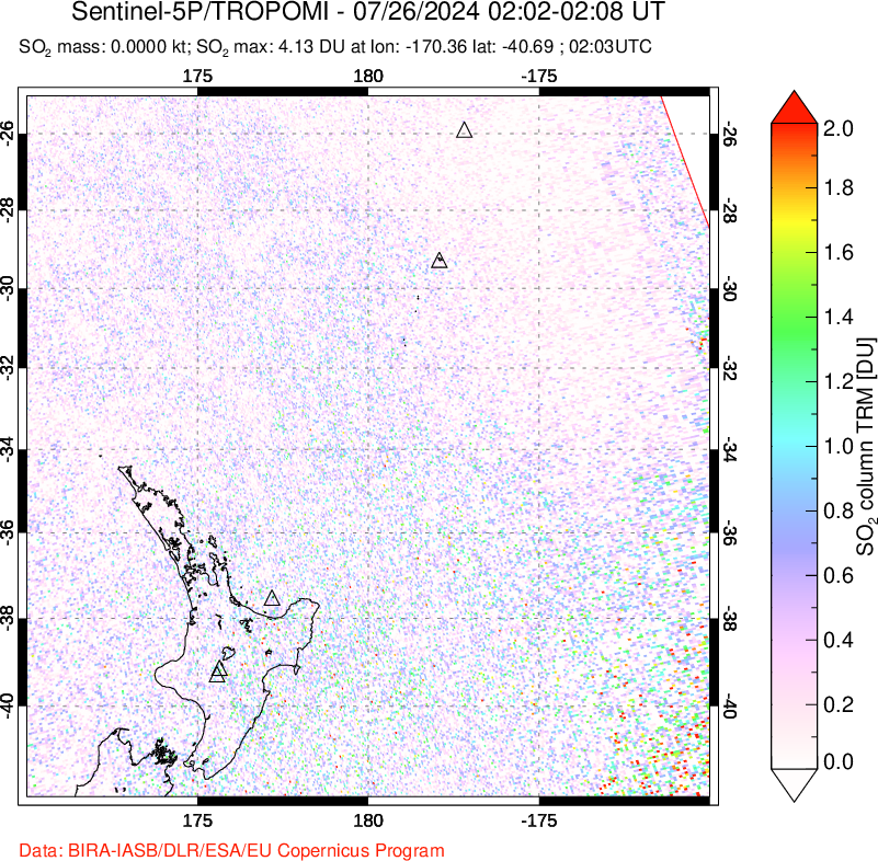 A sulfur dioxide image over New Zealand on Jul 26, 2024.