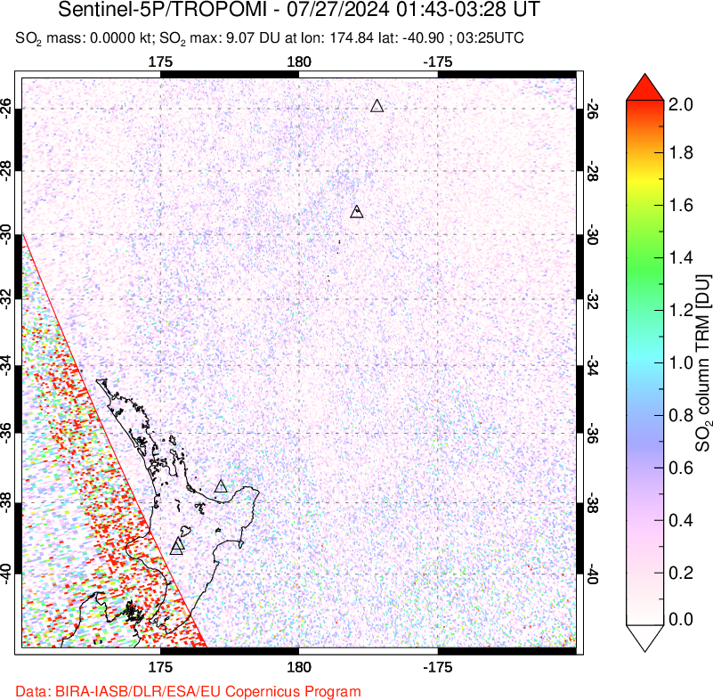 A sulfur dioxide image over New Zealand on Jul 27, 2024.