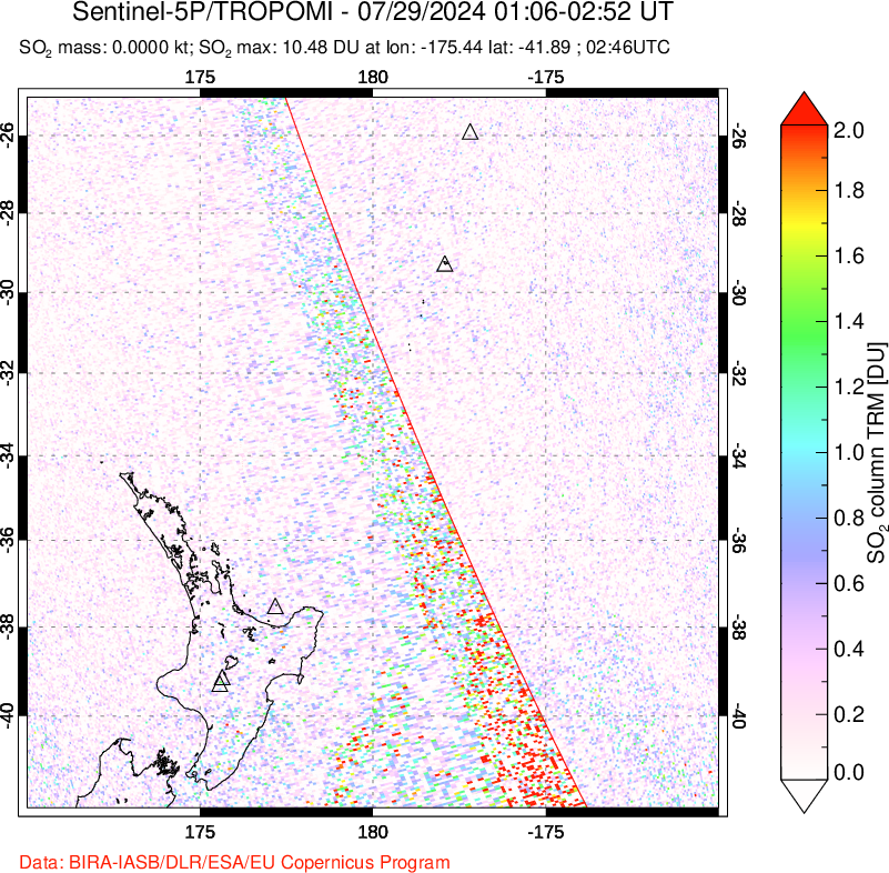 A sulfur dioxide image over New Zealand on Jul 29, 2024.