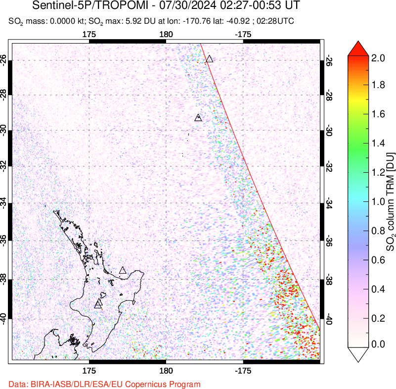 A sulfur dioxide image over New Zealand on Jul 30, 2024.