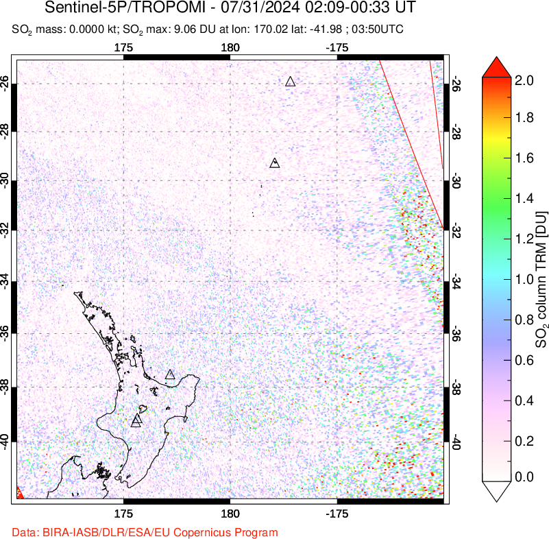 A sulfur dioxide image over New Zealand on Jul 31, 2024.