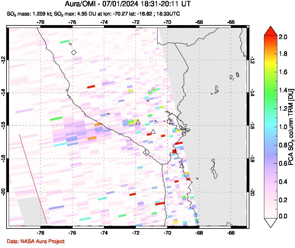 A sulfur dioxide image over Peru on Jul 01, 2024.