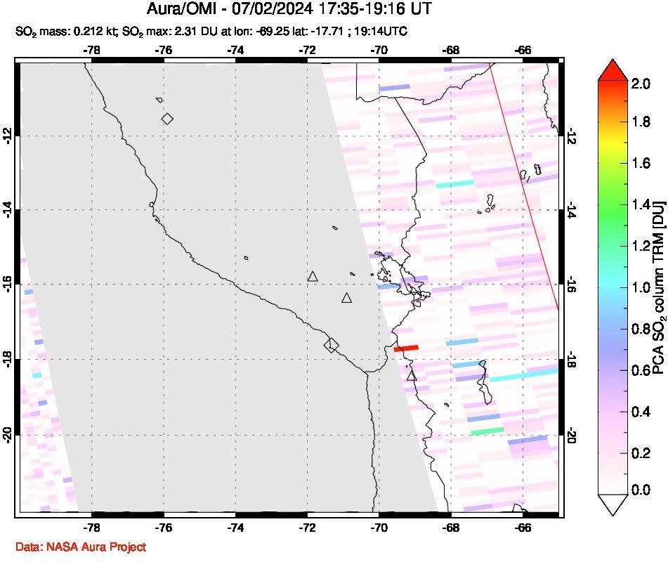 A sulfur dioxide image over Peru on Jul 02, 2024.