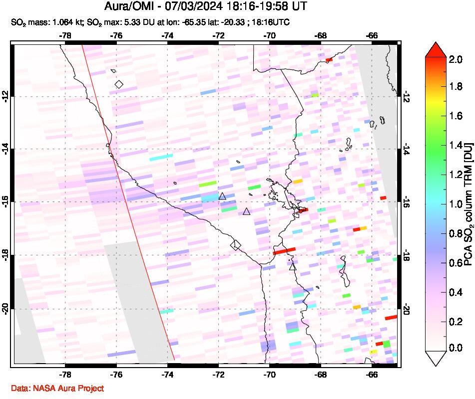 A sulfur dioxide image over Peru on Jul 03, 2024.