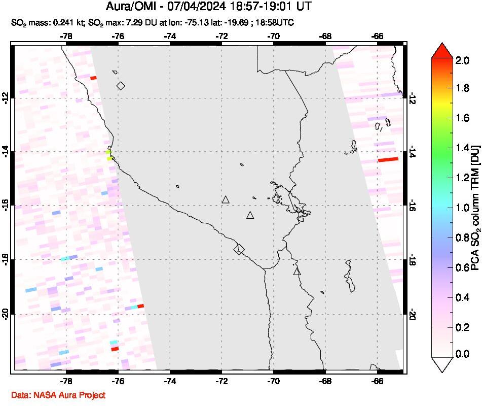 A sulfur dioxide image over Peru on Jul 04, 2024.