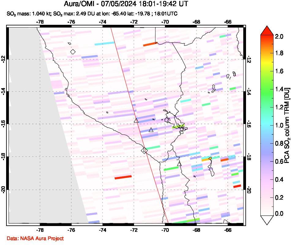 A sulfur dioxide image over Peru on Jul 05, 2024.