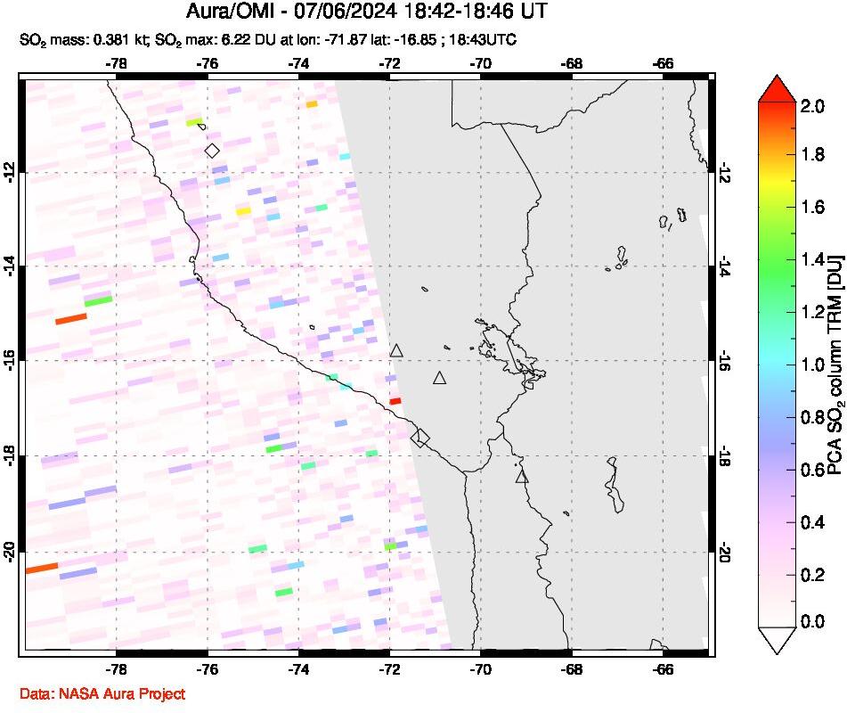 A sulfur dioxide image over Peru on Jul 06, 2024.