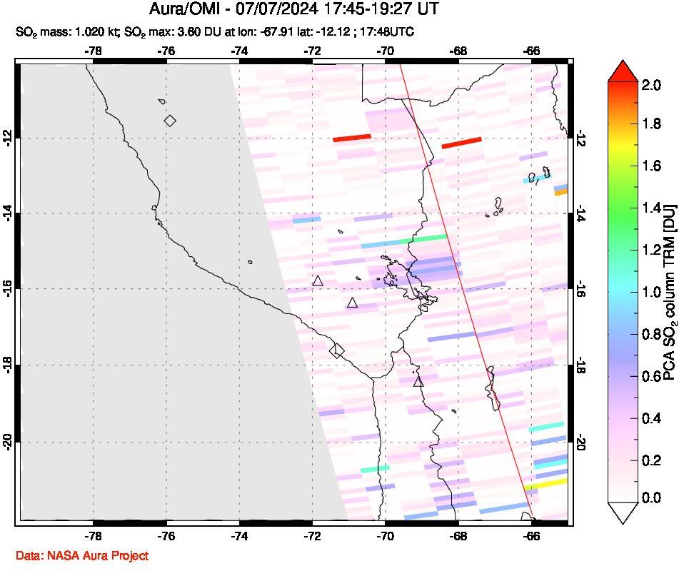 A sulfur dioxide image over Peru on Jul 07, 2024.